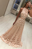 Modest High Neck Champagne Sleeveless Sweep Train Prom Evening Dresses with Appliques N1686