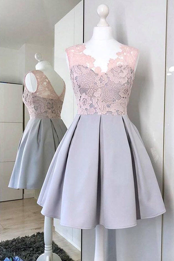 A Line V-Neck Sleeveless Satin Lace Homecoming Dresses N1098