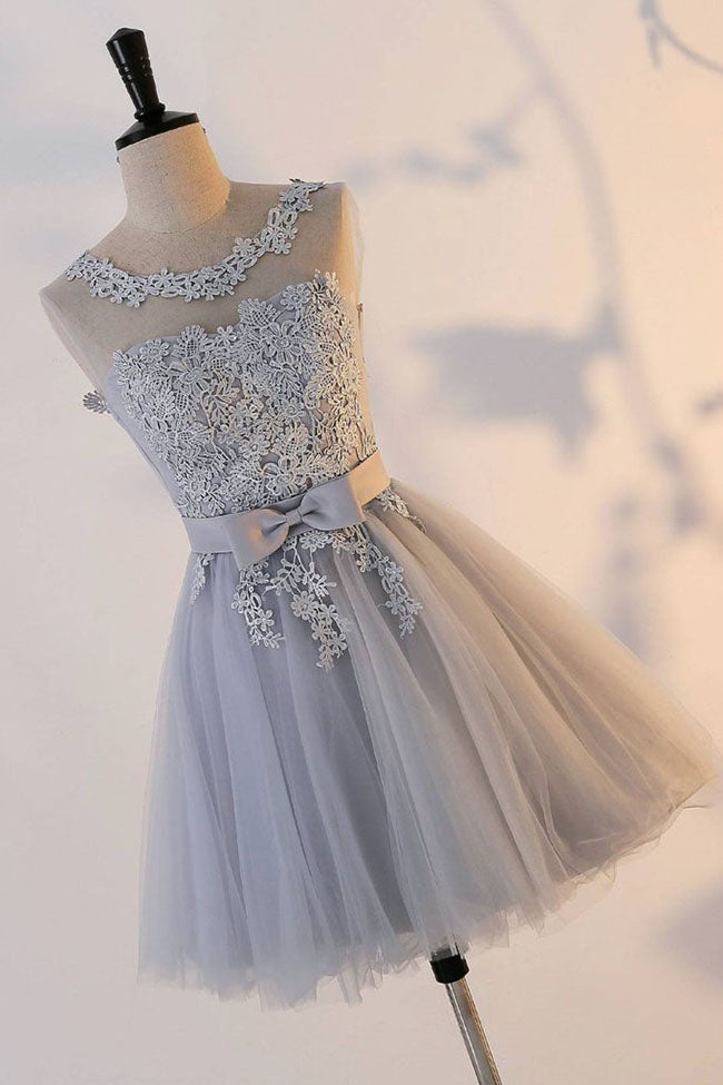 Cute A Line Appliqued Homecoming Dress with Bowknot, Cheap Tulle Short Prom Dress
