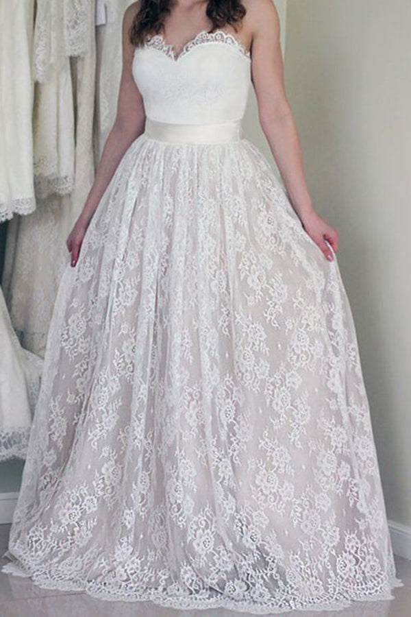 A Line Sweetheart Lace Wedding Dress, Cheap Strapless Lace Bridal Dresses