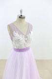 Lilac V-Neck Sleeveless Tulle Wedding Dresses Lace Appliqued Bridal Gown with Belt N817