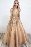 A Line V Neck Tulle Lace Applique Prom Dress with Beading Waist, Puffy Party Dress N1609