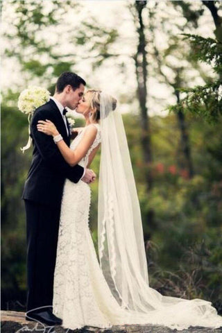 One Layer Applique Lace Trim Bridal Veil Long Tulle Wedding Veils Free Comb