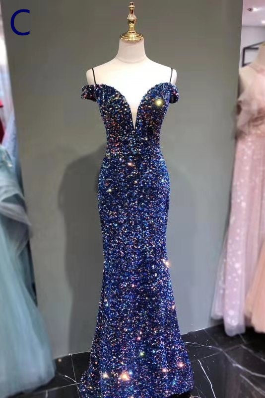 New Arrival Sequin Shiny Long Prom Dresses For Women Modest Evening Gown B0005