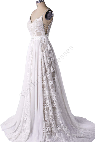 Ivory A-line V-neck Lace Appliqued Beach Wedding Dresses, Bridal Gown, MW619