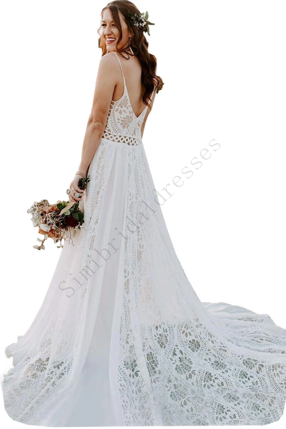 Elegant Bohemian Spaghetti Straps Beach Wedding Dress With Adjustable Drawstring
