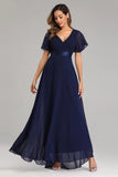 Flowy Chiffon Dark Navy Blue Prom Dresses V Neck Short Sleeve Long Bridesmaid Dresses XU90812