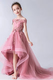 High Low Gorgeous Off the Shoulder With Lace Appliques Sleeveless Tulle Flower Girl Dresses F071