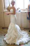 Strapless Mermaid Sweetheart Ruffles Sweep Train Organza Satin Wedding Dresses,N461