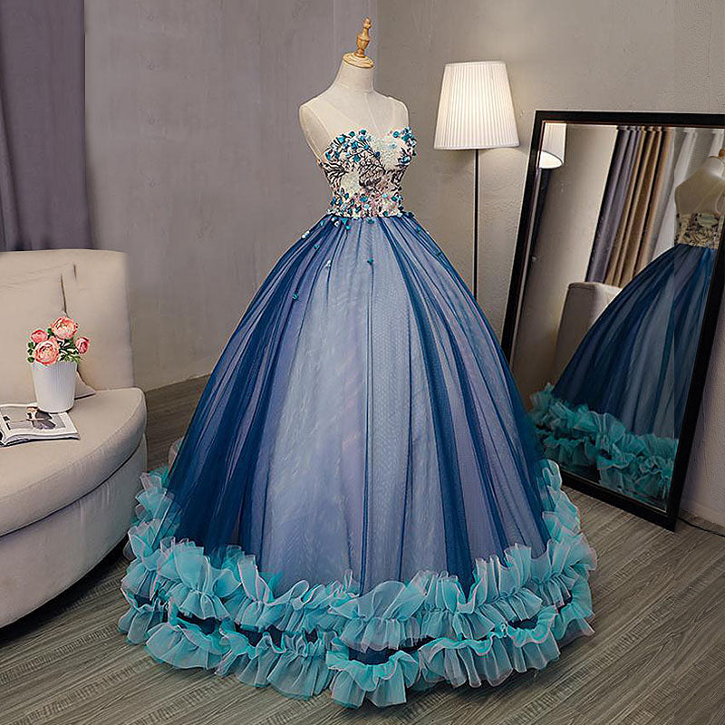 Blue Ball Gown V-Neck Sleeveless Appliqued Tulle Prom Dresses Hot Quinceanera Dresses N2538