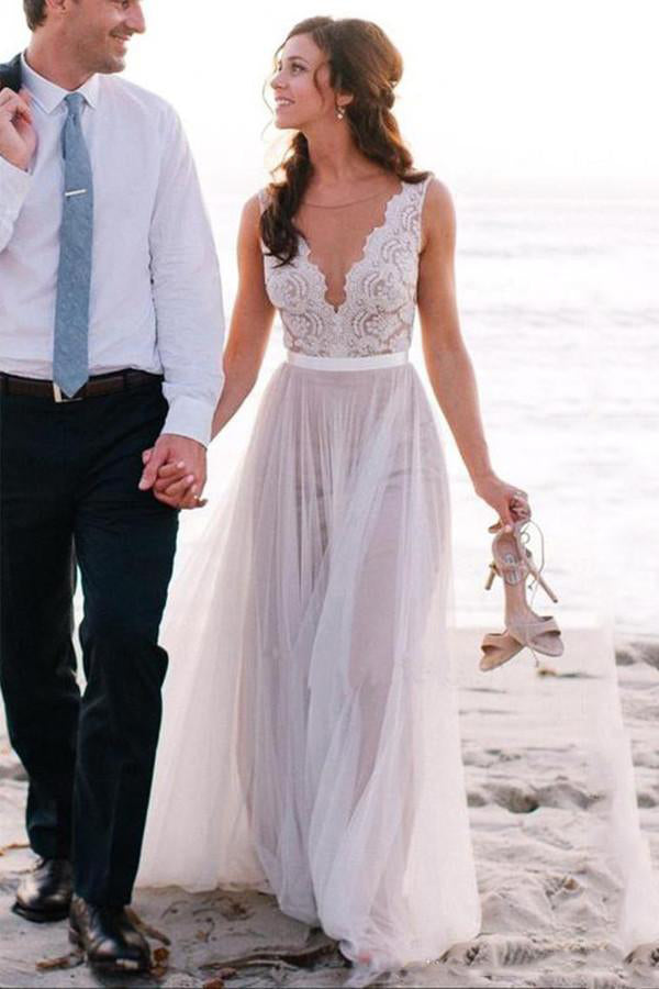 Elegant A Line Scoop Neck Sleeveless Lace Tulle Beach Wedding Dresses Bridal Gown N463
