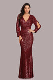 Pretty Long Sleeves V-Neck Mermaid Sequin Long Prom Dresses