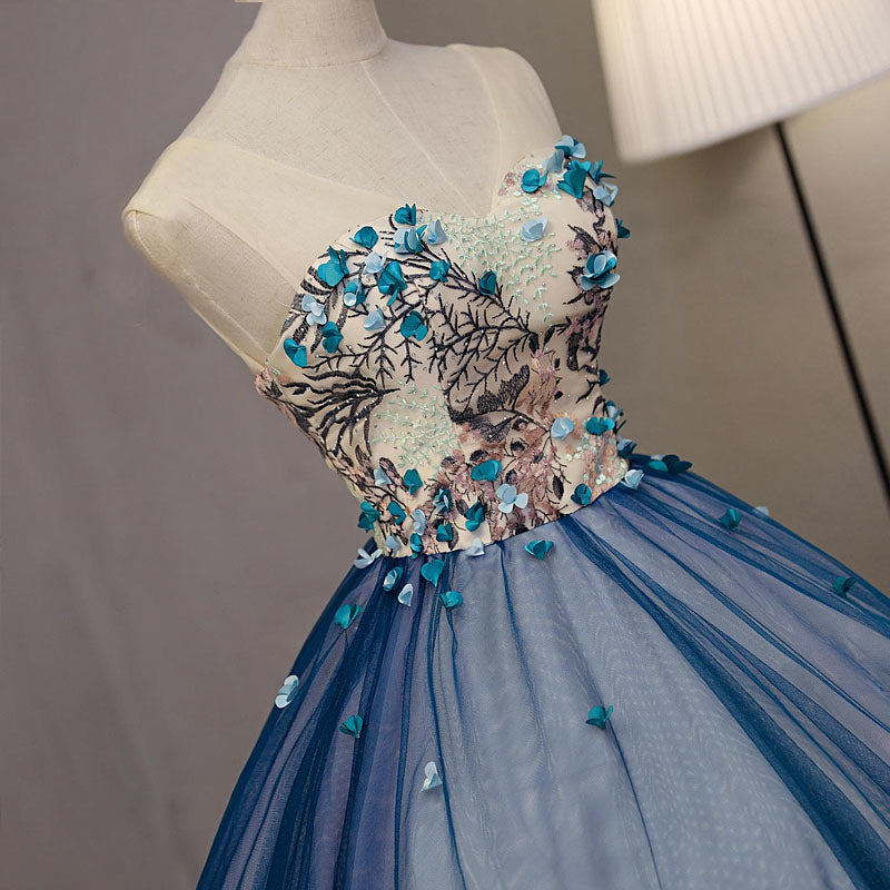 Blue Ball Gown V-Neck Sleeveless Appliqued Tulle Prom Dresses Hot Quinceanera Dresses N2538