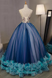 Blue Ball Gown V-Neck Sleeveless Appliqued Tulle Prom Dresses Hot Quinceanera Dresses N2538