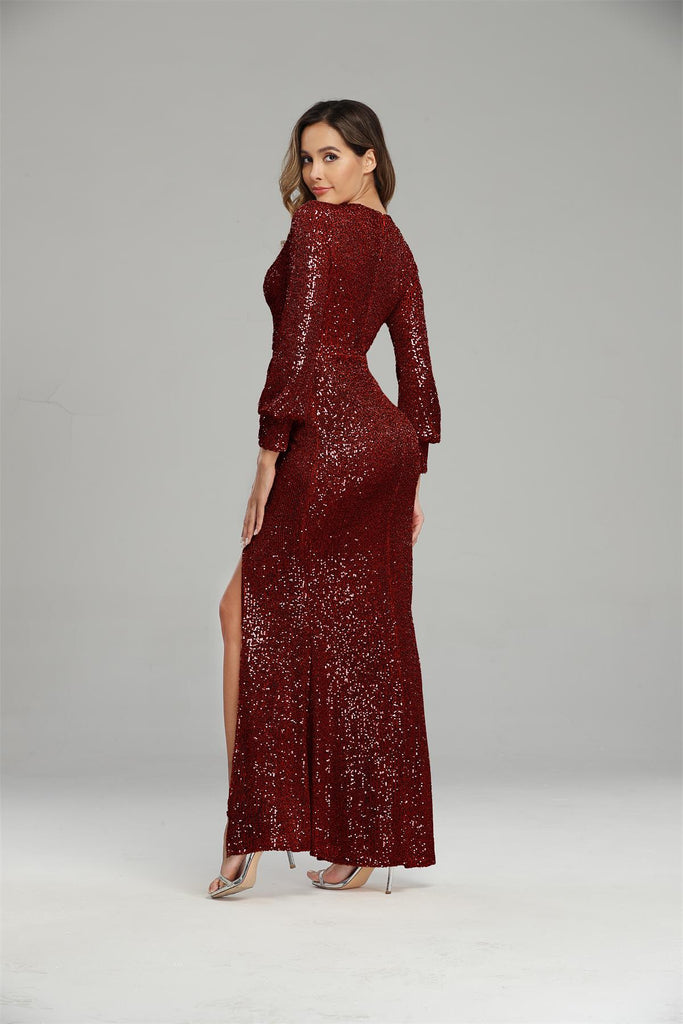 Glitter Sheath V-Neck Long Sleeves Front Split Sequin Prom Dresses