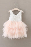 Adorable A Line Knee length Pink Tulle Little Flower Girl Dresses with Lace Backless Party Dresses F010