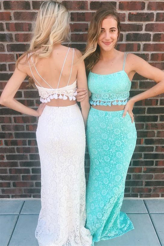 Two Piece Mermaid Spaghetti Straps Floor Length Lace Prom Dresses Sexy Party Dresses N1349