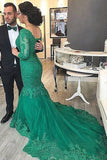 Green Mermaid V-neck Tulle Applique 3/4 Sleeves Long Plus Size Prom Dresses N1221