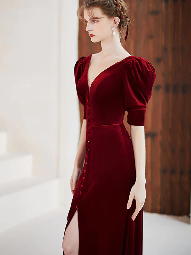Burgundy V-neck Short Sleeve Velvet Mermaid Long Formal Prom Dress