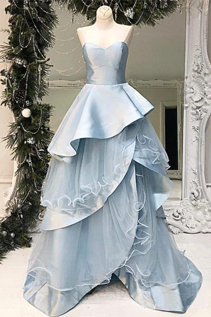 Baby Blue Layered Long A Line Evening Dress, Sweetheart Senior Prom Dress N1467