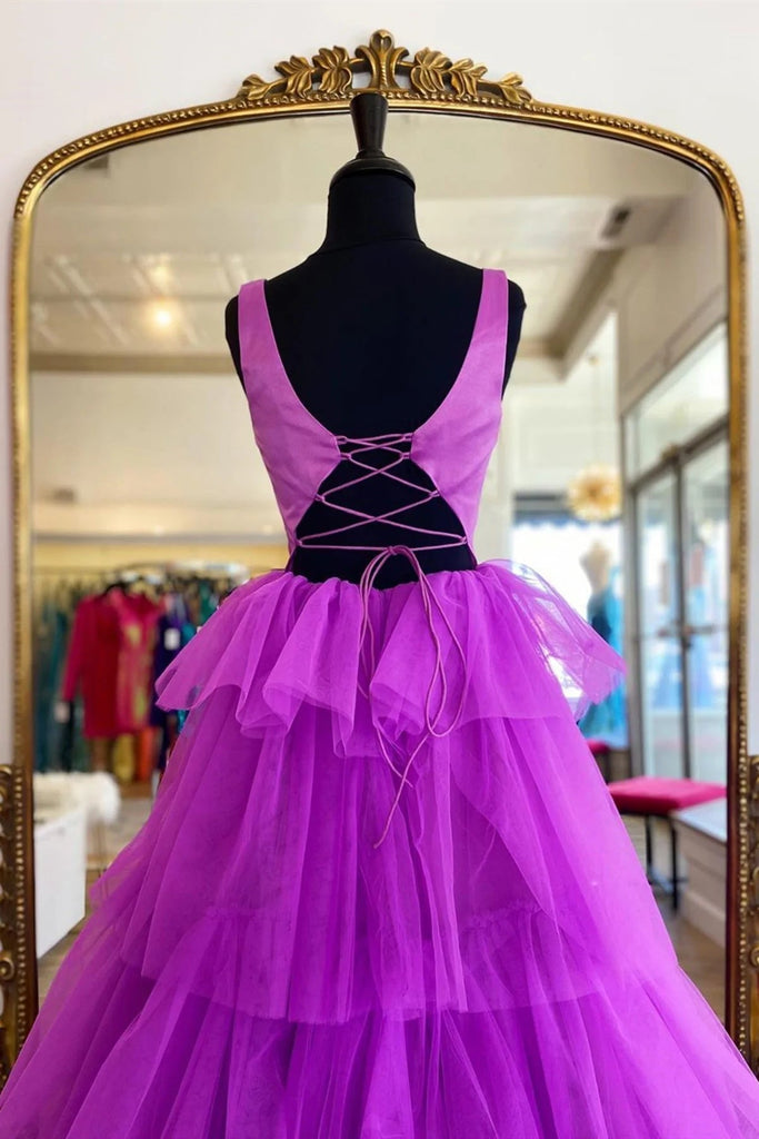 Purple Tired A Line Sleeveless Long Prom Dresses OK1990