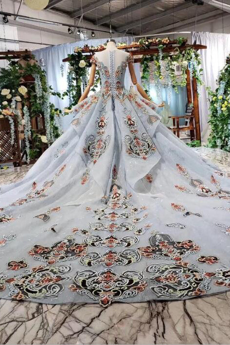 Ball Gown Blue Cap Sleeve Long Prom Dress Lace up Beading Quinceanera Dress N1997