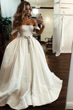 Puffy Off the Shoulder Satin Long Wedding Dresses with Pockets Bridal Dresses N2095