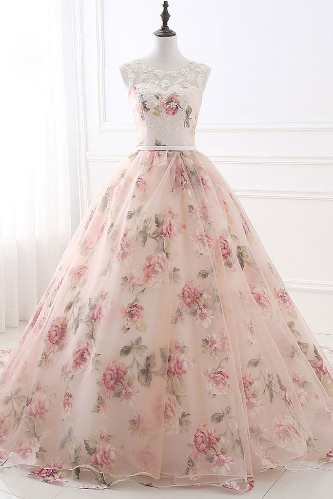Ball Gown Print Prom Dresses, Lace Up Back Appliques Long Quinceanera Dresses N1512