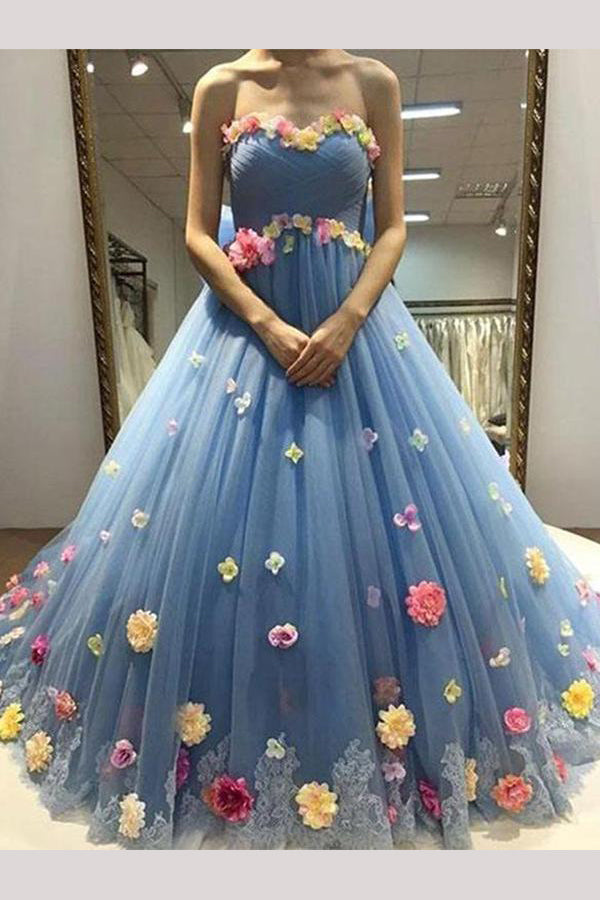 Blue Sweetheart Ball Gown Tulle Prom Dress with Flowers, Floor Length Quinceanera Dress N1371