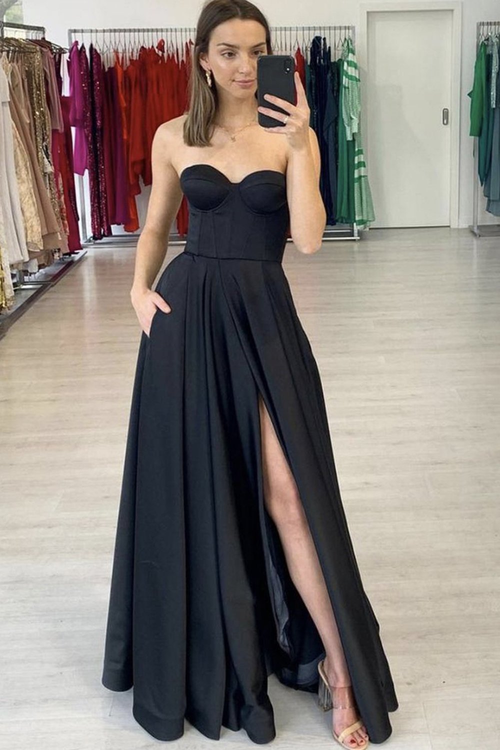 Black Satin A-Line High Slit Strapless Sweetheart Long Prom Dress