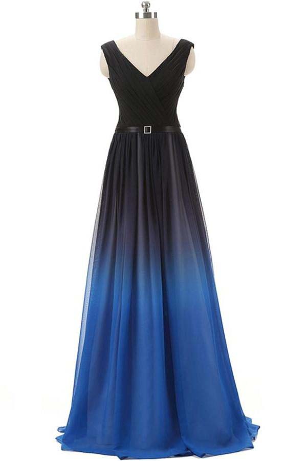 A line Royal Blue Prom Dress,Black And Royal Blue Gradient Ombre Chiffon Prom Dress,N658