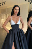 A Line Satin Black and White Spaghetti Straps Prom Dress PD0116