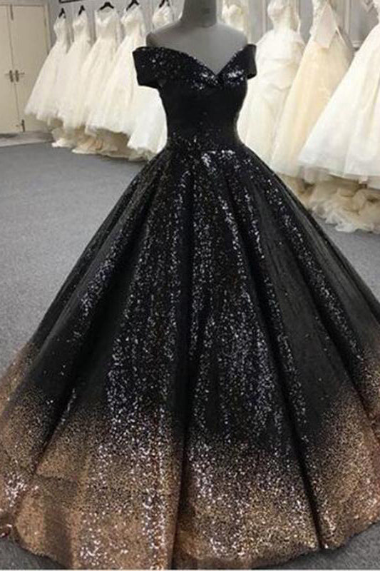 Bling Sequins Black Ball Gown Prom Dresses Off Shoulder Formal Gown Masquerade N1307