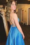 Blue Satin A-line Spaghetti Straps Long Prom Dress With Slit OK2008