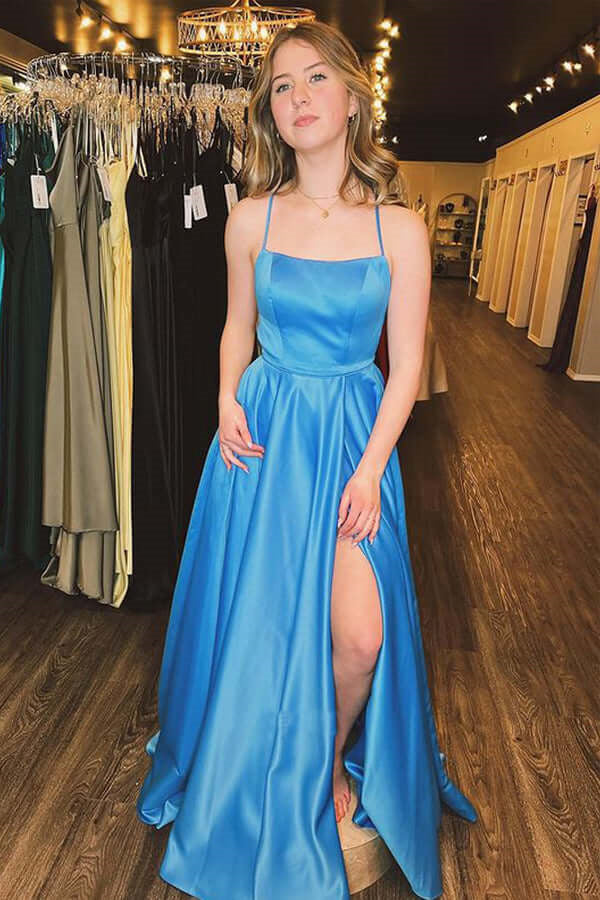 Blue Satin A-line Spaghetti Straps Long Prom Dress With Slit OK2008