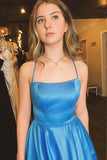 Blue Satin A-line Spaghetti Straps Long Prom Dress With Slit OK2008