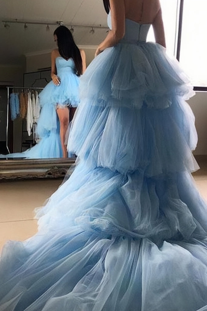 Blue Sweetheart Tulle High Low Prom Dresses with Long Train N1356