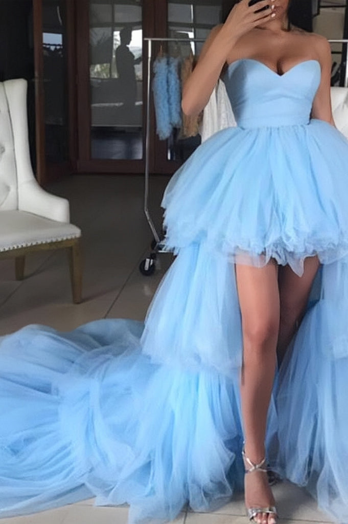 Blue Sweetheart Tulle High Low Prom Dresses with Long Train N1356