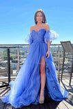 Blue Tulle A-line Princess Puff Sleeves Pleated Sweetheart Prom Dresses
