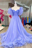 Blue Tulle A-line Princess Puff Sleeves Pleated Sweetheart Prom Dresses