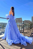 Blue Tulle A-line Princess Puff Sleeves Pleated Sweetheart Prom Dresses