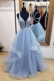 Blue Long Prom Dresses Deep V Neck Tulle Party Dresses, Floor Length Sleeveless Dress N1561