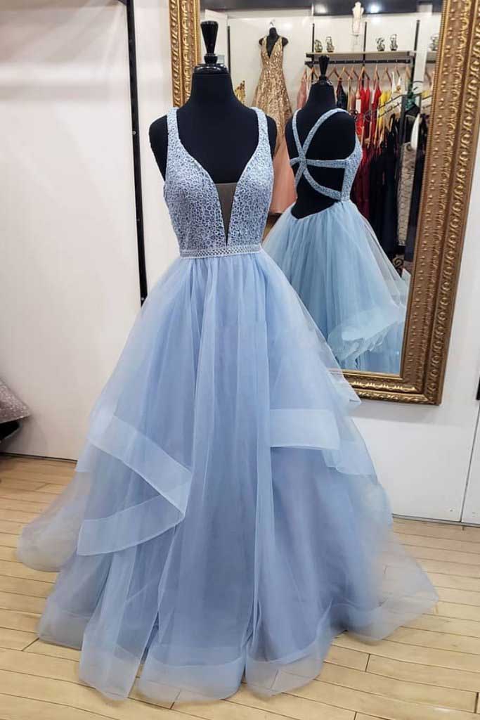 Blue Long Prom Dresses Deep V-Neck Tulle Party Dresses Floor Length Sleeveless Dresses N1561