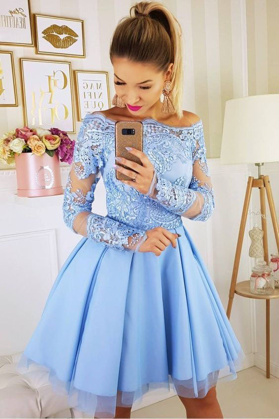 Blue Off the Shoulder Lace Appliqued Tulle Homecoming Dresses with Long Sleeves N1866