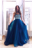 Blue Strapless Tulle Prom Dress, Long Evening Dress with Beading, A Line Prom Dress N830