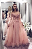 Off the Shoulder Blush Pink Tulle Floral Appliques Prom Gown With Long Sleeves
