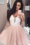 Blush Pink Short Prom Dresses Lace Tulle Long Sleeve Short Homecoming Dresses N1865