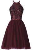 Halter Burgundy Lace Appliqued Tulle Short Homecoming Dresses