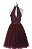 Halter Burgundy Lace Appliqued Tulle Short Homecoming Dresses