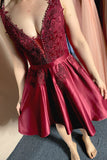 A Line Burgundy V-Neck Lace Appliqued Graduation Party Dress